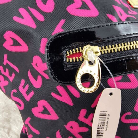 NWT Victoria's Secret Black Fuchsia Logo All Over Satin Bag NWT - Picture 5 of 6